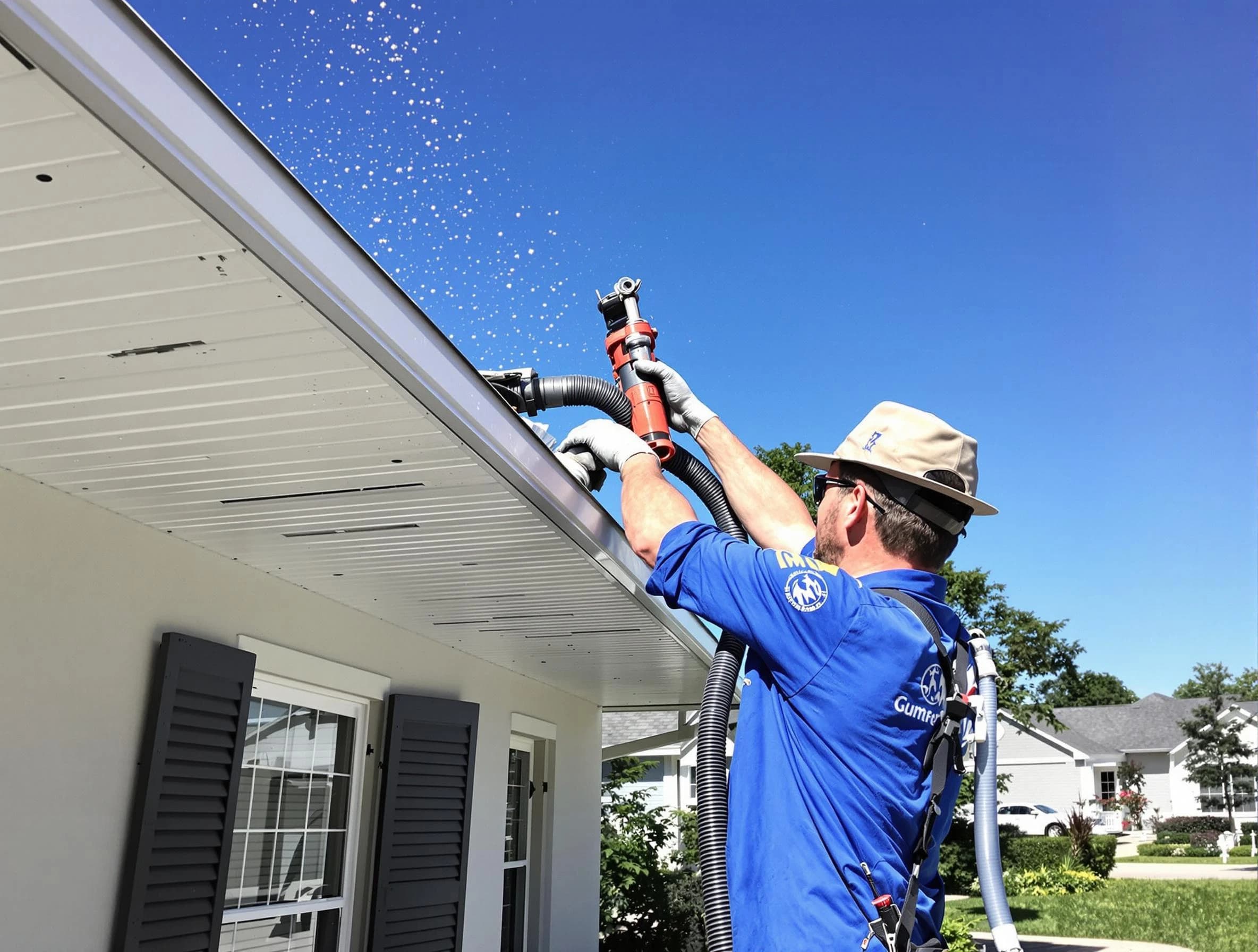 Technician completing a gutter cleaning project by Medina Roofing Company in Medina, OH